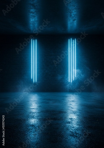 Abstract Blue Neon Light in Dark Tunnel Background with Smoke Room