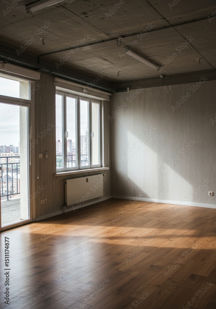 Fototapeta premium Photo of Empty Room with Hardwood Floor Light and Window Interior