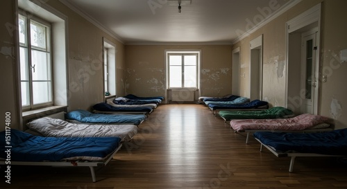 Photo of Dormitory Room with Row Beds and Rustic Interior Daylight