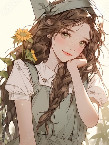 Smiling anime young girl with brown hair, green eyes, sunflower in hair, holding flower, white shirt, green dress