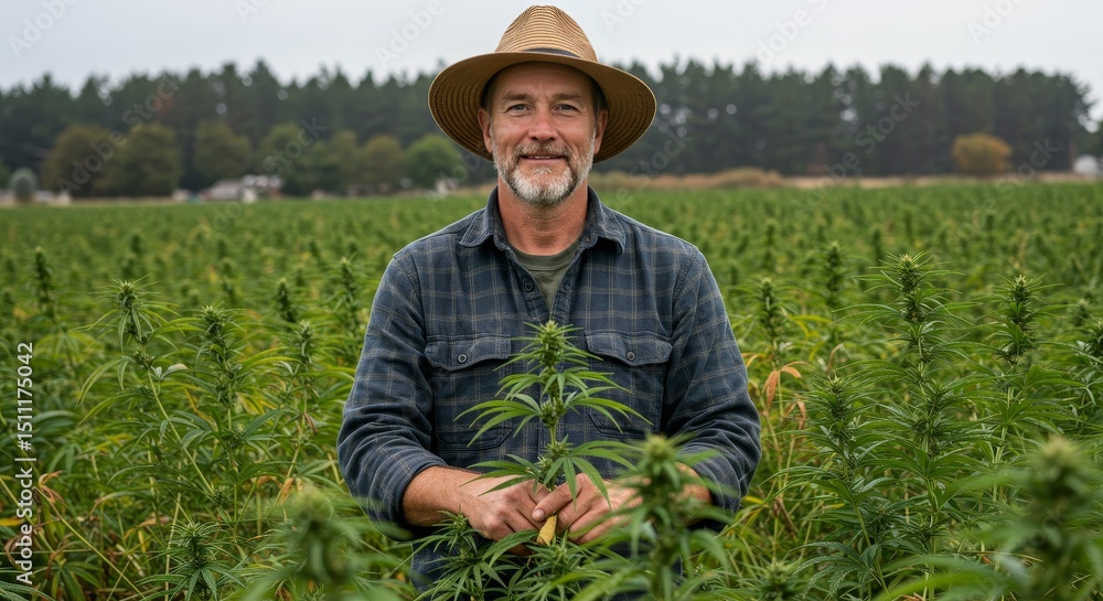 Fototapeta premium Photo of Farmer in Hemp Field Wearing Hat Amidst Greenery