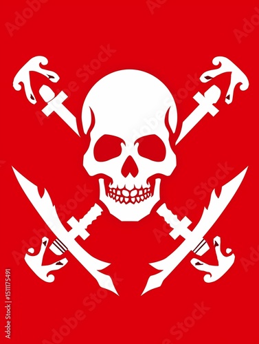 Red background with white skull and crossed scimitars