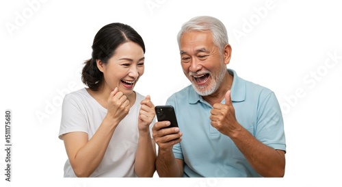 Photo of Happy Senior Asian Couple Celebrating Using Mobile Phone