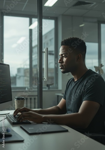 Photo of Man Typing on Computer in Modern Office Workspace