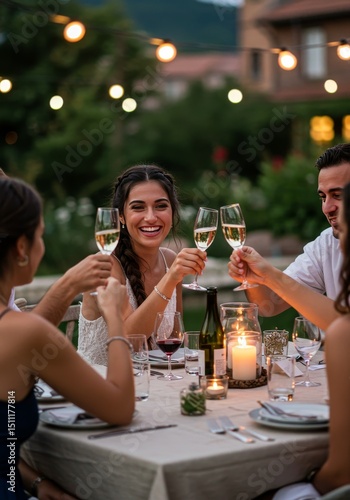 Photo of People Enjoying Outdoor Dinner Party with Wine Toast