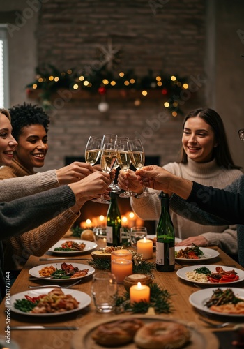 Photo of People Toasting Wine Glasses at Dinner Table Celebration Holiday