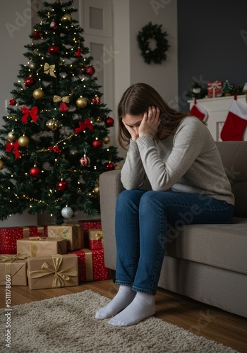 Photo of Sad Woman On Couch During Christmas Holiday With Tree Gifts