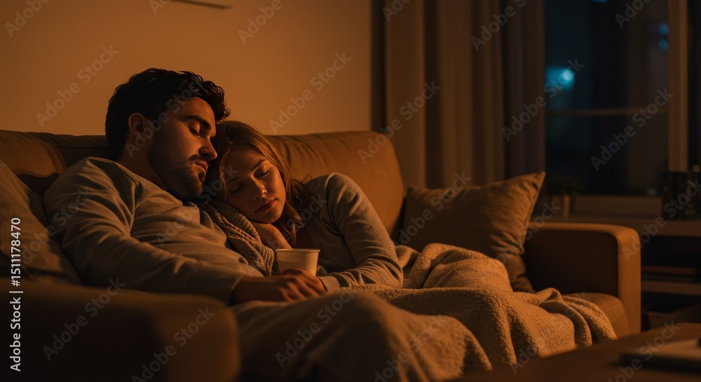Photo of Sleepy Couple Together on Couch at Night In Cozy Home Photo of Sleepy Couple Together on Couch at Night In Cozy Home