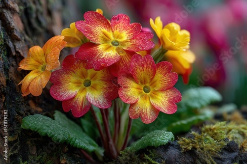 Brightly colored primrose flowers in red, yellow, and orange bloom among green leaves and moss beside a tree trunk.