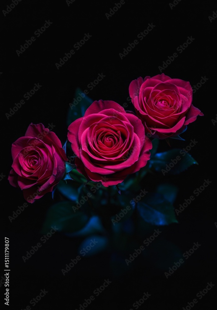 Photo of Three Red Roses Blossoms with Dark Background Still Life Photo of Three Red Roses Blossoms with Dark Background Still Life