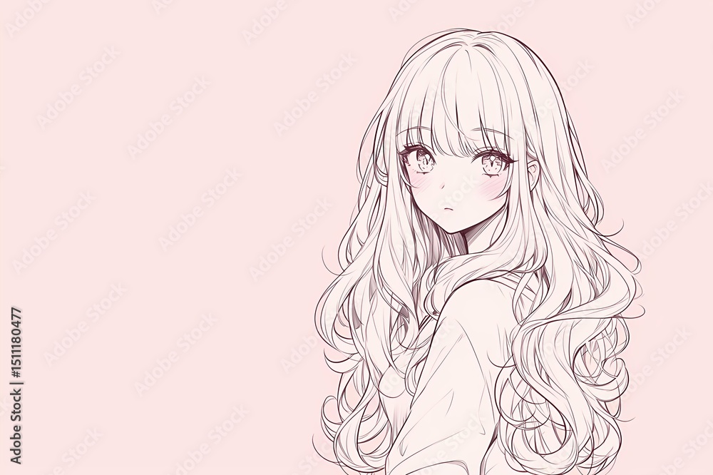 Young female character with wavy hair and blush looks to the side against light pink background. Young female character with wavy hair and blush looks to the side against light pink background.