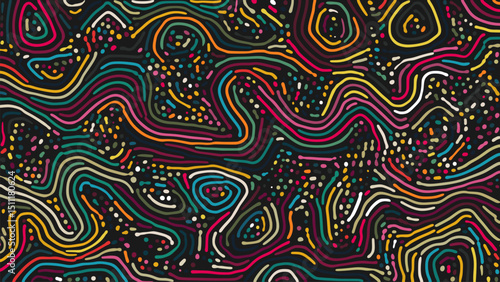 Colorful psychedelic artistic pattern in vibrant colors, strokes and scattered dots dance across dark canvas. Dynamic swirling contour lines blend with colorful pointillism in creative flow. Vector