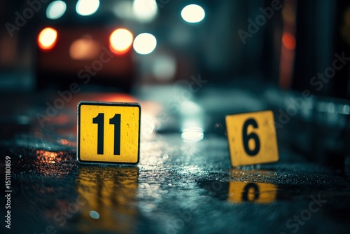Nocturnal crime scene markers on a wet urban street.