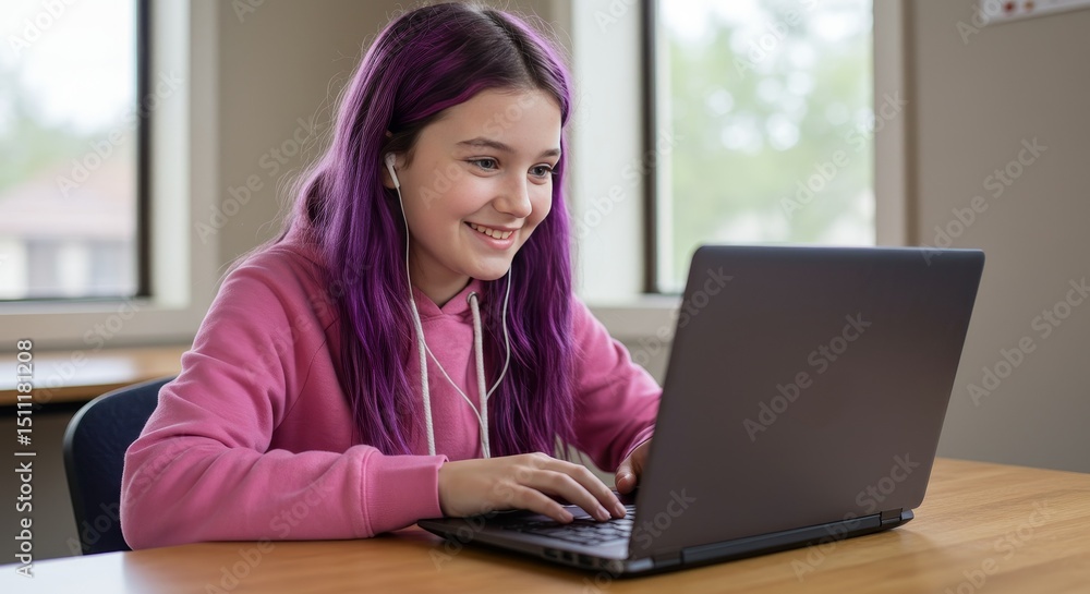 Photo of Young Student Girl With Laptop and Purple Hair In Classroom Photo of Young Student Girl With Laptop and Purple Hair In Classroom