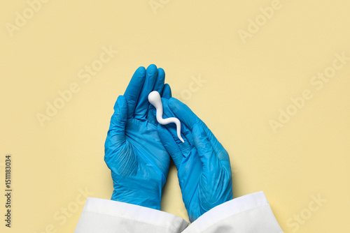 фотографія Doctor's hands with sperm cell on beige background