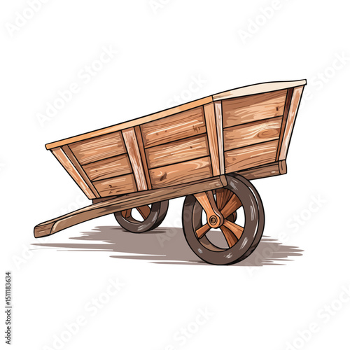 Detailed Drawing of Wooden Wheelbarrow - Transport Element Vector Illustration