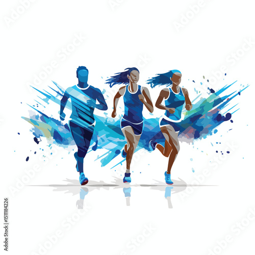 Dynamic Fitness People Running Concept in Blue Lines Vector Illustration