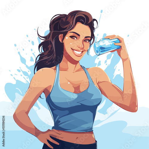 Professional Fitness Woman Drinking Water Vector Illustration in Gym Environment