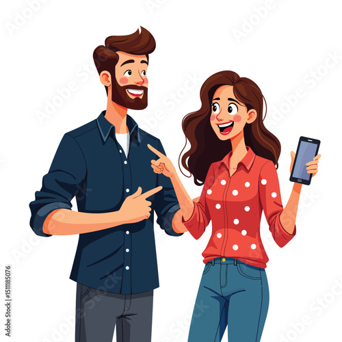 Cartoon couple sharing phone screen looking at social media content and pointing at the display happy together