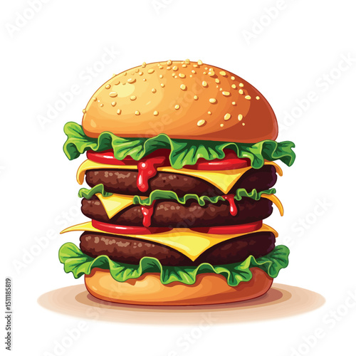 Delicious triple cheeseburger illustration with lettuce tomato and cheese on white background