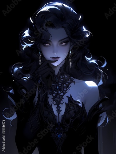 Sorceress with porcelain skin, dark hair, and blue eyes in a dark setting.