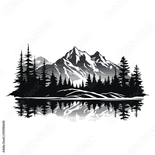 Serene Black Scenery of Nature Outdoors with Mountains and Trees