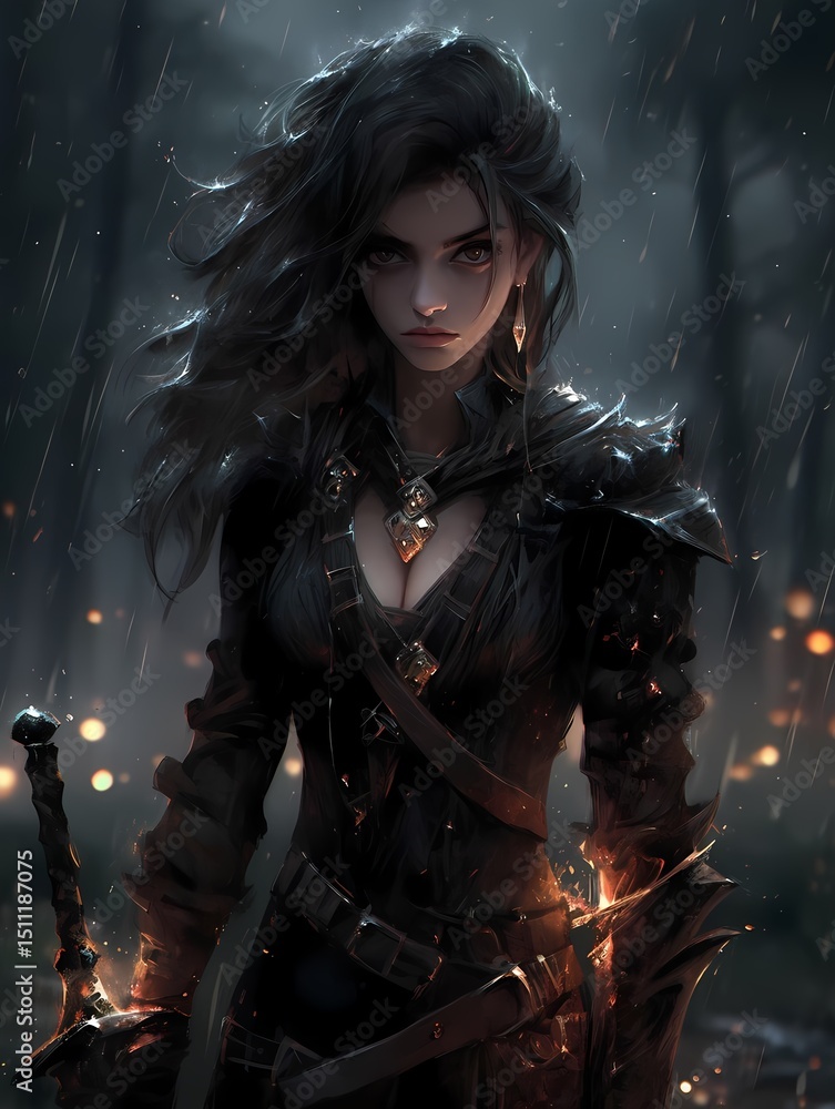 A young woman stands strong and courageous, her dark armor adorned with gemstones, sword at the ready, her piercing gaze challenging the stormy night. A young woman stands strong and courageous, her dark armor adorned with gemstones, sword at the ready, her piercing gaze challenging the stormy night.