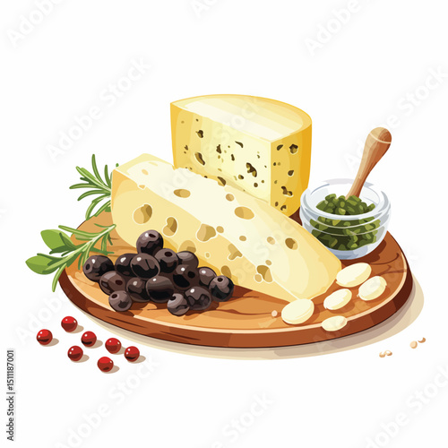 Delicious Olives and Grated Cheese Spread on White Background Vector Illustration