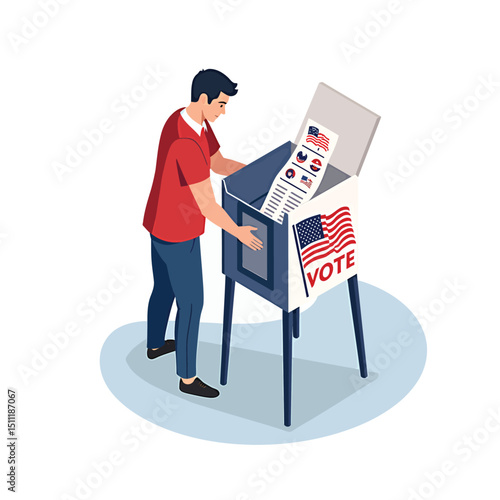 Vote illustration of man casting ballot in election voting booth with american flag and ballot box