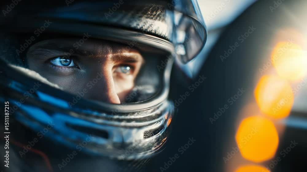 Closeup portrait of racing driver in helmet focus on determination and intensity Closeup portrait of racing driver in helmet focus on determination and intensity