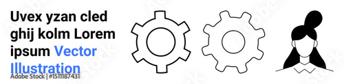 Two gear icons beside a female avatar suggesting teamwork, process efficiency, and innovation. Ideal for technology, engineering, education, business, human resources, creativity simple landing page