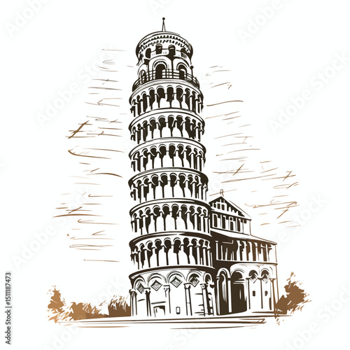 Iconic Pisa Tower Monument Sketch - Editorial Stock Vector Image for Travel Blogs and Tourism Websites
