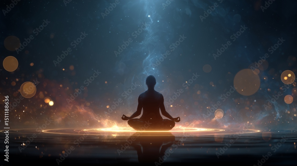 Seven chakras of the human body, Meditating Figure with Open Chakras and Radiant Energy Flow, glowing chakras, aura glow, yoga meditation, Yoga silhouette Seven chakras of the human body, Meditating Figure with Open Chakras and Radiant Energy Flow, glowing chakras, aura glow, yoga meditation, Yoga silhouette