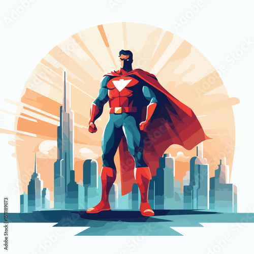 Powerful Superhero Standing Tall in Urban City Landscape - Vector Illustration