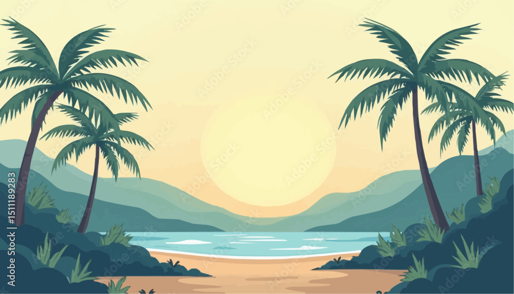 Tropical Beach With Palm Tree Mountain View Tropical Beach With Palm Tree Mountain View