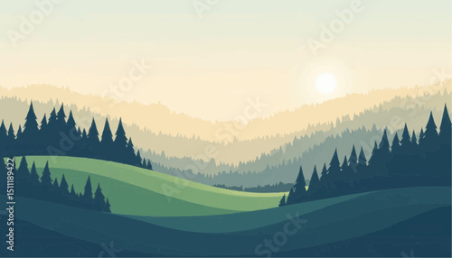 Landscape with Forest Hills and Rising Sun