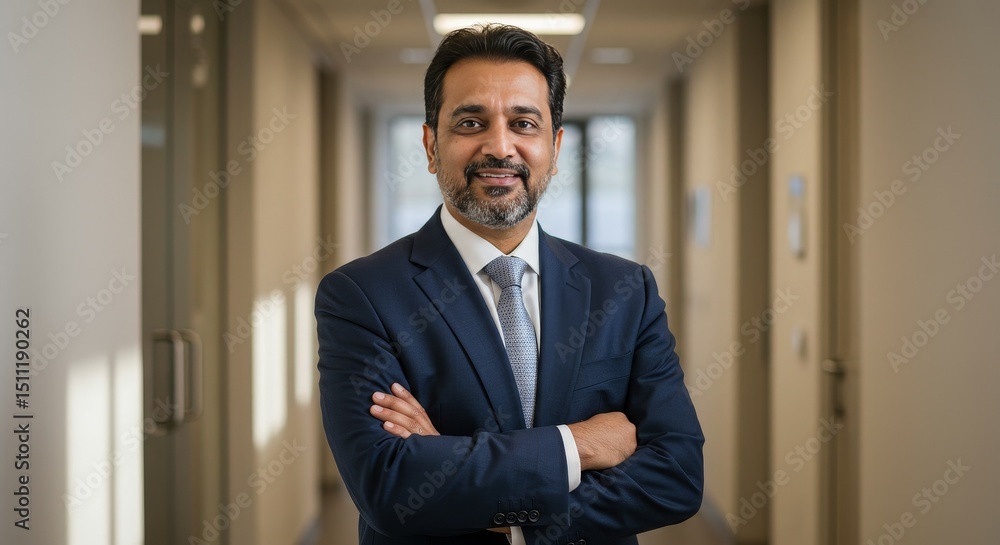 Confident Businessman Portrait with Arms Crossed in Hallway Photo Confident Businessman Portrait with Arms Crossed in Hallway Photo
