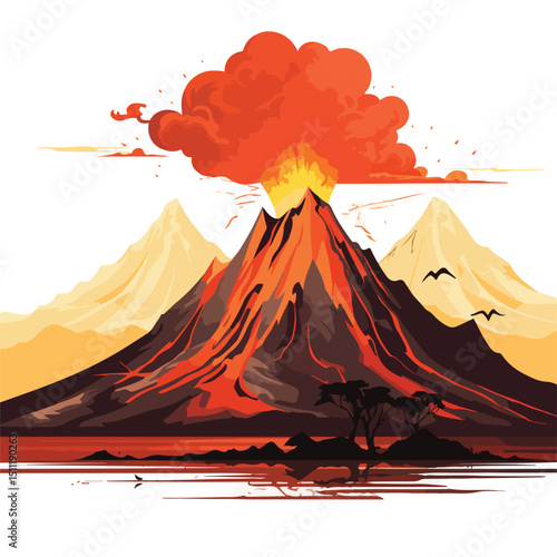 Vulcano at nature Vector Illustration - Detailed volcanic eruption graphic for educational materials