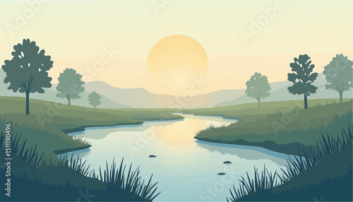 River Landscape with Trees and Sunset