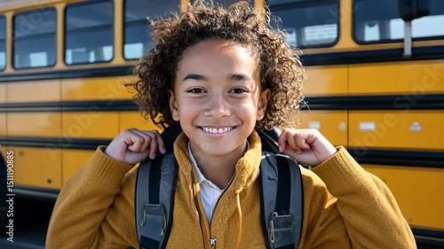 Joyful school day begins: smiling child with backpack in front of school bus