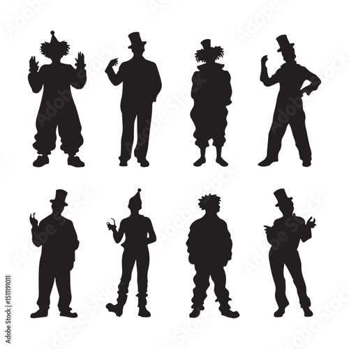Clown silhouette vector collection, circus performers, party clowns art