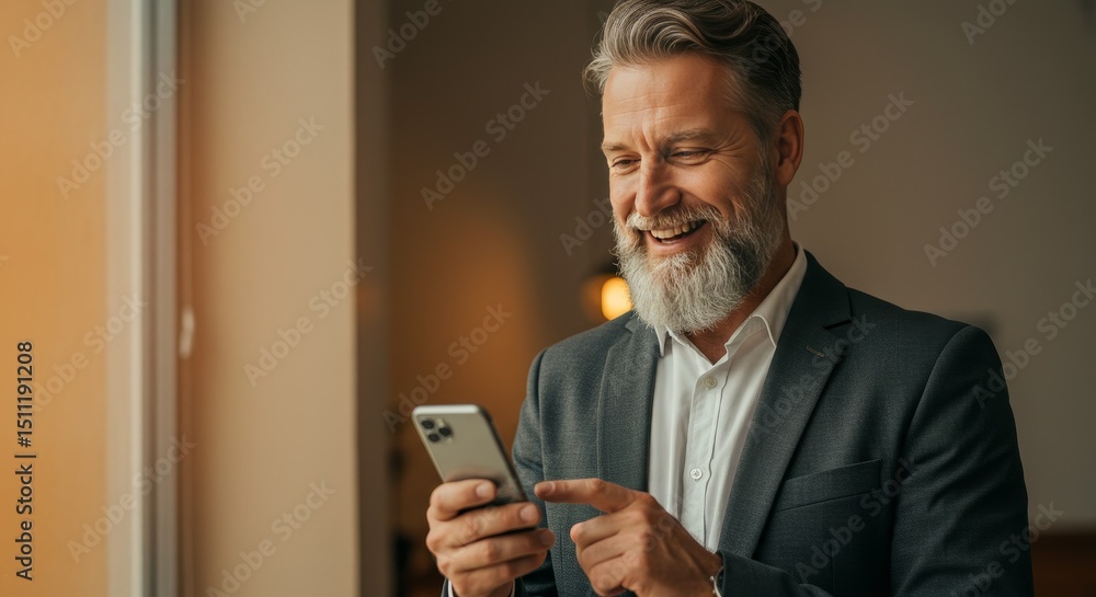 Portrait of Happy Businessman with Smartphone in Gray Suit near Window Portrait of Happy Businessman with Smartphone in Gray Suit near Window