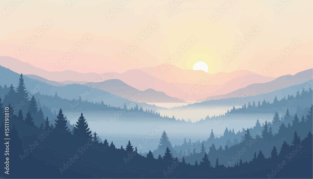 Obraz premium Mountain range at sunrise with fog over forest