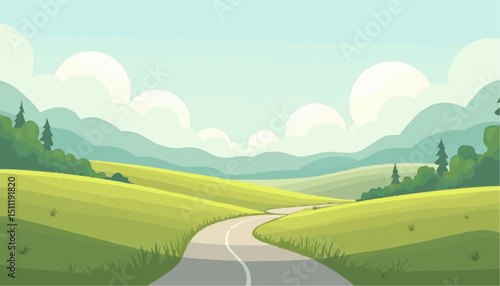 Cartoon Landscape with Road and Green Hills