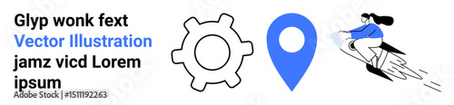 Black gear, blue location pin, and woman riding a modern scooter reflecting technology, mobility, and location services. Ideal for technology, logistics, transportation, navigation innovation