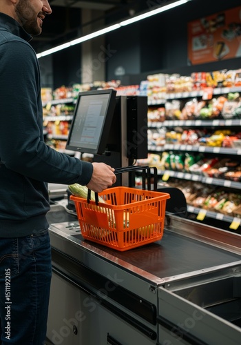Customer Paying at Supermarket Checkout with Orange Basket Photo