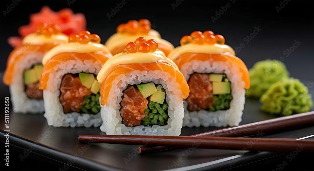 Close-up of sushi roll topped with spicy mayo and tobiko Close-up of sushi roll topped with spicy mayo and tobiko