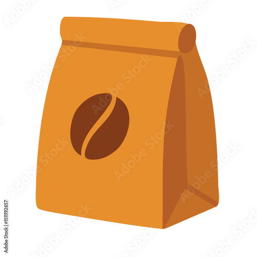 Vector coffee bag with bean symbol, flat cartoon clipart for cafe, product, and food design themes.