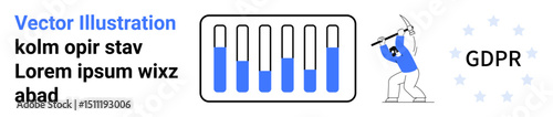 Bar chart visualization, worker mining data, GDPR badge with stars. Ideal for data privacy, compliance, security, analytics, EU regulations, digital transformation simple landing page