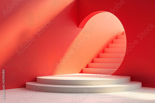 A red room with a white staircase and a white circular platform